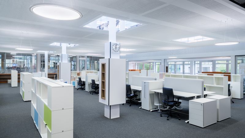 Eine gute Lichtplanung strukturiert das Gruppenbüro und trennt mit differenzierter Beleuchtung unterschiedliche Nutzungszonen visuell. (Bild:  licht.de/Trilux)