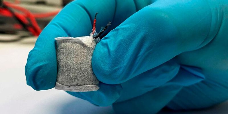 The prototype of the fuel cell was developed at the Department of Biosystems at ETH Zurich. It is wrapped in a fleece and slightly larger than a thumbnail. With this fuel cell, future medical devices such as insulin pumps could be operated on the body.(Image:  Fussenegger Lab / ETH Zurich)