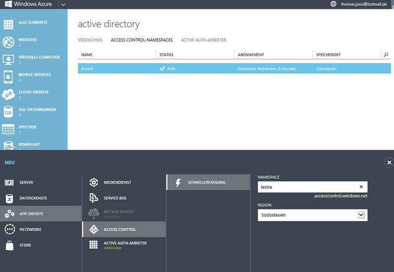 Abbildung 7: Über den Link Access Control-Namespaces binden Administratoren einen anderen Authentifizierungsdienst wie Facebook, OpenID oder Google an Windows Azure Active Directory an. Auf diese Weise können Unternehmen externen Anwendern Zugriff auf Ihre Windows-Azure-Dienste gewähren. (Bild: Joos)