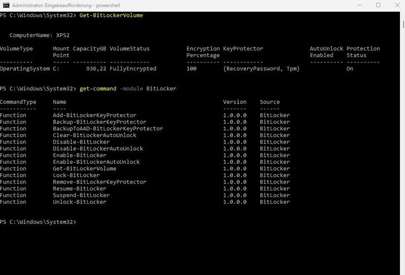 Verwalten von Bitlocker über die PowerShell. (Bild: Joos)