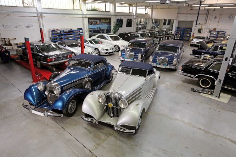 Die vier königlichen Fahrzeuge sind bei Kienle Automobiltechnik in guten Händen und bester Gesellschaft: Rund 85 Spezialisten kümmern sich hier um die unterschiedlichsten Klassiker der Marke Mercedes-Benz. (Kienle Automobiltechnik)