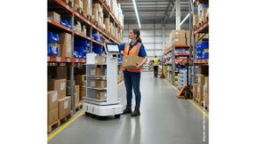 Autonome Mobile Roboter unterstützen Mitarbeiter im Lager bei der Kommissionierung. (Bild: AISCI Ident GmbH - generiert mit KI)