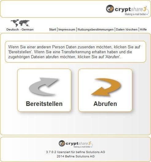Dateien bereitstellen: Um Dateien zu versenden, brauchen Anwender nur einen Browser zu öffnen und zu ihrem Cryptshare Server zu navigieren. Um den Versand zu starten, klickt man auf Bereitstellen. (Bild: befine Solutions)