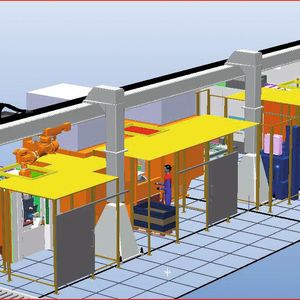 Bild 1: 3D-Simulation der mechanischen Bearbeitungslinie für Gussgehäuse, die ein Rundtakt- und drei Bearbeitungszentren umfasst. 