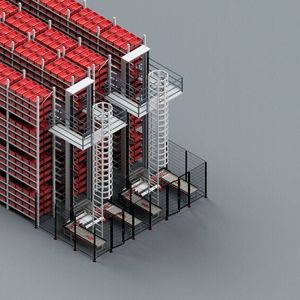 Beim durchsatzsteigernden Roaming-Konzept von Gebhardt kommt ein Shuttleheber zum Einsatz, der die OLS zwischen den einzelnen Ebenen versetzt. Damit sind 144 Ein- und Auslagerungen in der Stunde möglich.(Bild:  Gebhardt)
