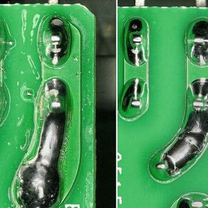 Bild 3:  Sämtliche Flussmittelrückstände werden von der Leiterplatte vollständig und prozesssicher entfernt, ohne die PCB-Struktur zu beeinträchtigen (links vor der Reinigung, rechts nach der Reinigung).(Bild:  acp systems)
