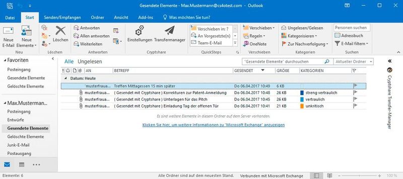 In „Gesendete Elemente“ kann der Anwender nachvollziehen, mit welcher Schutzklasse er welche E-Mail versendet hat. (Befine Solutions)