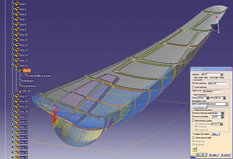 Mithilfe von „PAM-Quikform“ oder „PAM-Quikform for Catia V5“ können Ingenieure auf Basis geometrischer Methoden überprüfen, ob die Vorform mit dem gewünschten Faserverbundmaterial und dem gewünschten Lagenaufbau fehlerfrei hergestellt werden kann. (Bild: ESI Group)