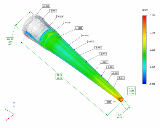 Misurazione e ispezione in un’unica operazione: dimensioni, tolleranze e scostamenti superficiali di una punta per pipetta in un’unica analisi.(Bild:  Werth Messtechnik)