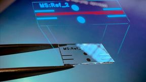 Kompaktes Atomgravimeter: Im Glas integrierte Lichtwellenleiter führen das Laserlicht präzise durch das System. Evaneszenz-Koppler ermöglichen dabei eine beliebige Aufteilung des Lichts. (Bild: © Fraunhofer IZM | Simulation: Jackson Kocis)