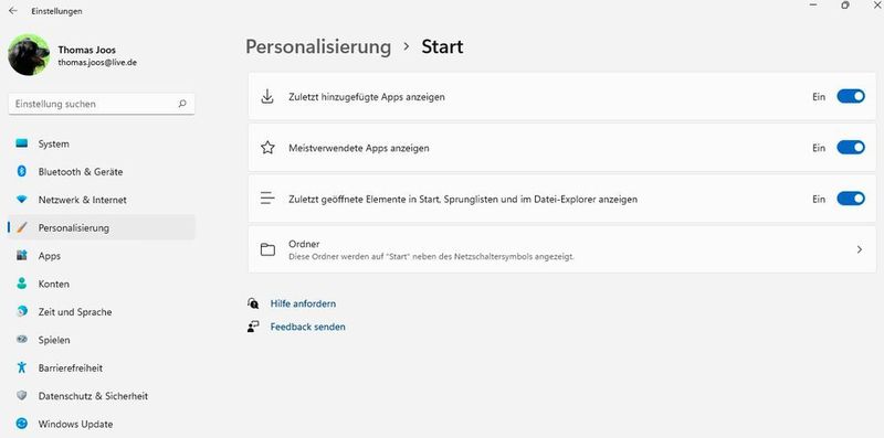 Startmenü in Windows 11 anpassen. (Joos/Microsoft (Screenshot))