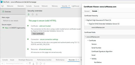 Security-Check; Die Kommunikation der PWA von Lufthansa hat DigiCert als vertrauenswürdig eingestuft.(Bild:  Lufthansa)