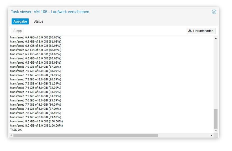 Erfolgreiches Verschieben einer virtuellen Festplatte auf einer RAM-Disk. (Bild: Joos - Proxmox Server Solutions)