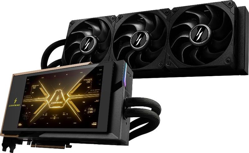 Die für extremes Übertakten entwickelte GeForce RTX 5090 32G Lightning mit  Flüssigkeitskühlung ist die bislang schnellste MSI-Grafikkarte. Auf der auf 1.300 Exemplare limitierten Karte sitzt ein 8-Zoll-Display für Systemwerte, Artworks und Animationen. (Bild: MSI)