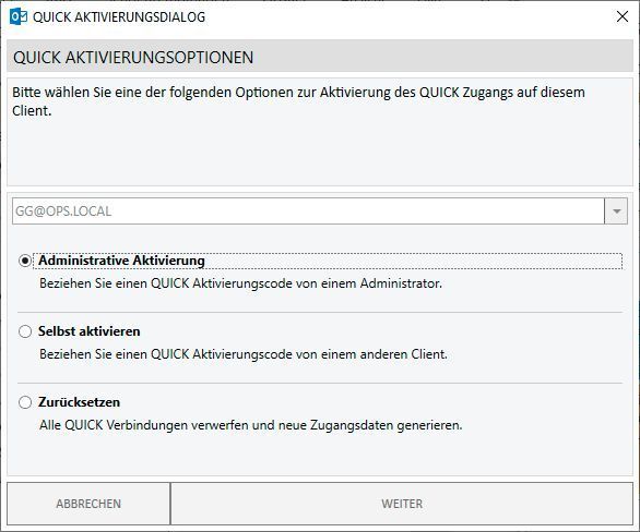 Die QUICK-Aktivierungsoptionen im Outlook-Add-In. (IT-Testlab Dr. Güttich)