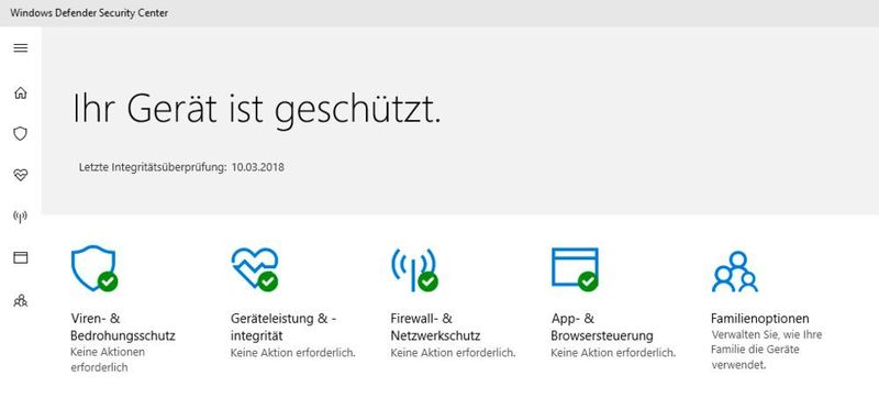 Die fünf thematischen Schwerpunkte des Windows Defender. (Dombach)