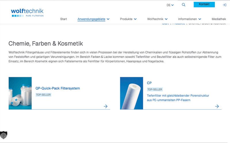 Im Anwendungsbereich „Chemie, Farben & Kosmetik“ verbindet die neue Website typische Prozessanforderungen mit passenden Filterlösungen für unterschiedliche flüssige Medien und Anwendungen. (Bild: Wolftechnik Filtersysteme)