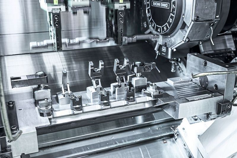 Bevor der Roboter das Bauteil aufnimmt, wird es in die exakte Position gebracht, damit in der Maschine eine korrekte Einspannung erfolgt. (DMG Mori)