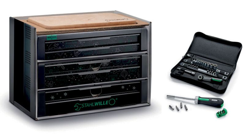Stahlwille versteckt hinter den 24 Türchen ein hochwertiges 24-teiliges Werkzeug-Set inklusive Feinzahnknarre und praktischen Steckschlüsseleinsätzen. Obendrauf gibt es ein Frühstücksbrett aus Holz. (Bild: Stahlwille)
