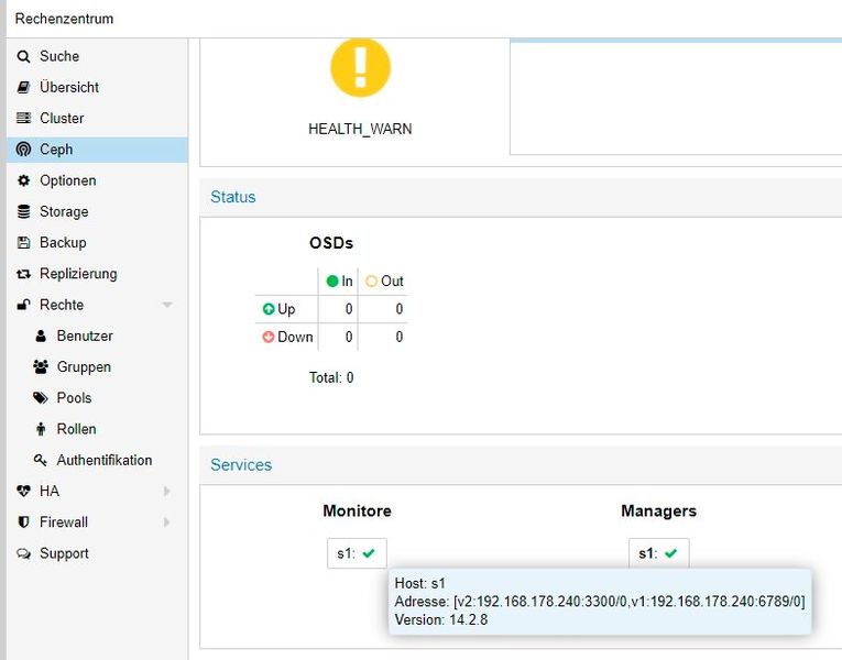 Der Ceph-Bereich in Proxmox meldet den Zustand „HEALTH_WARN“, da noch kein OSD eingerichtet ist, zeigt aber Monitor und Manager auf dem Knoten „s1“ als aktiv. (Bild: Joos)