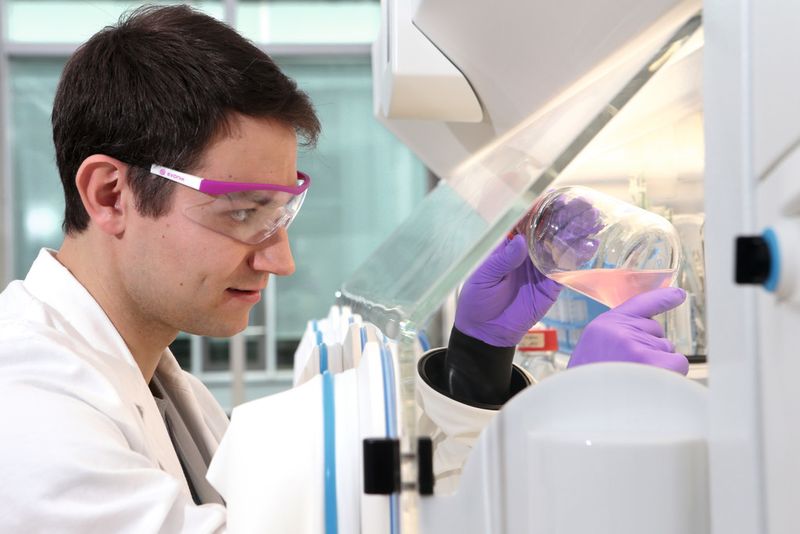 Sauerstoff ist Gift für die Synthesegas verwertenden Bakterien. Darum darf der Laborant nur über Gummihandschuhe eingreifen. (Bild: Evonik)