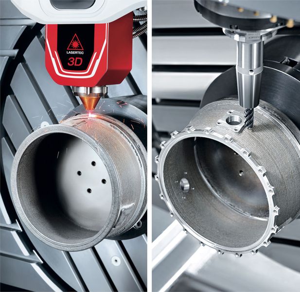 Technologieintegration made by DMG Mori: Laserauftragschweißen und Fünf-Achs-Fräsen intelligent kombiniert – für beste Oberflächen sowie perfekte Bauteilpräzision. (Bild: DMG Mori)