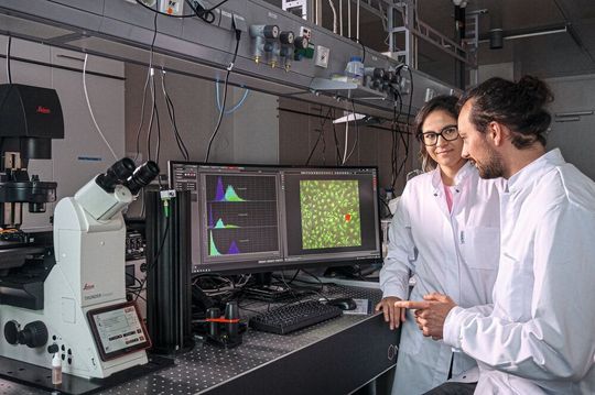 Prof. Berna Özkale Edelmann und Doktorand Philipp Harder diskutieren im Microrobotic Bioengineering Lab wissenschaftliche Ergebnisse. Prof. Berna Özkale Edelmann und Doktorand Philipp Harder diskutieren im Microrobotic Bioengineering Lab wissenschaftliche Ergebnisse.
