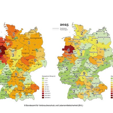 Confronto tra i volumi regionali di distribuzione di antibiotici nel 2011 e nel 2025 (Immagine:Ufficio federale per la tutela dei consumatori e la sicurezza alimentare (BVL))