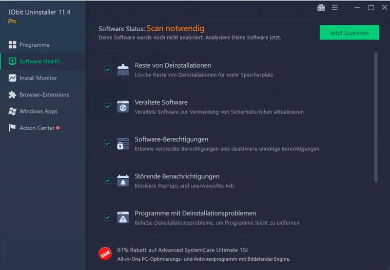 Abbildung 11: „Iobit Uninstaller“ kann das System auf veraltete Programme und Dateileichen oder weiteren `Problemen´ durchsuchen. (Thomas Joos)