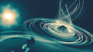 Das helle Röntgenlicht schlägt so viele Elektronen aus dem Iodatom (rechts), dass dieses wie eine Art elektromagnetisches Schwarzes Loch die Elektronen der Methylgruppe (links) absaugt, die schließlich ebenfalls davongeschleudert werden. (DESY/Science Communication Lab)