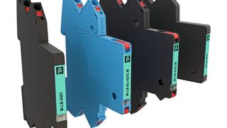 M-LB-4000: Zweiteiliges Fehlerstatusmodul (außen) sowie Basis- mit Schutzmodul in der Mitte, für eigensichere Kreise sowie Signale aus/in den sicheren Bereich (Bild: Pepperl+Fuchs SE)