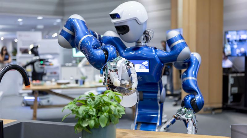 KI-basierte Robotik hat das Potenzial sich in zehn bis fünfzehn Jahren zu einem Industriezweig in Europa hin zu entwickeln, der in der Größe und Bedeutung der heutigen Automobilindustrie entspricht. Hier ist zu sehen, wie DLR-Roboter Rollin‘ Justin eigenständig eine Alltagsaufgabe übernimmt und die Küchenpflanze wässert.(Bild:  DLR (CC BY-NC-ND 3.0))