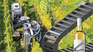 Im kompakten Erntefahrzeug der CH engineering GmbH kommen robuste Energieketten aus Hochleistungskunststoff von igus zum Einsatz, die auch unter schwierigen Bedingungen zuverlässig arbeiten und den Wartungsaufwand für Winzer minimieren.  (Bild: Igus GmbH)