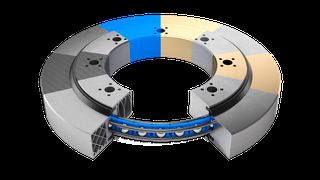 Possible materials for the housings of wire race bearings (from left clockwise): 3D-printed structure, carbon, steel, plastic, brass, aluminum, bronze, stainless steel (Source: Franke)