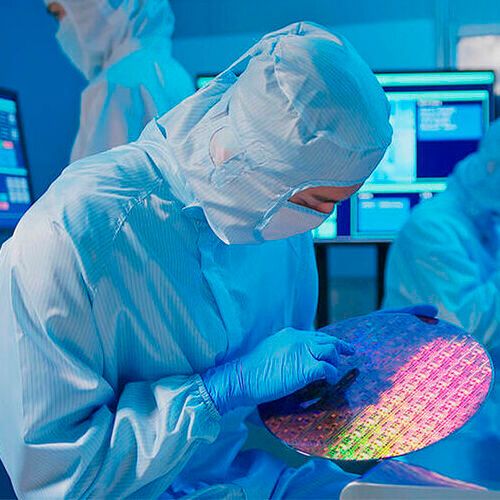 Electronic grade hydrogen peroxide is a critical chemical used to clean semiconductor wafers during chip manufacturing. (Source:  Solvay)