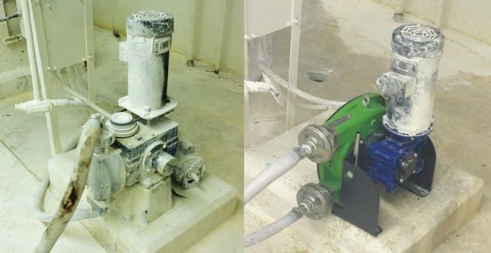 Diaphragm metering pump (L) was replaced by a peristaltic pump (R) in a water treatmentplant, offering consistent performance and protection from abrasive wear. (Picture: Verderflex pumps)