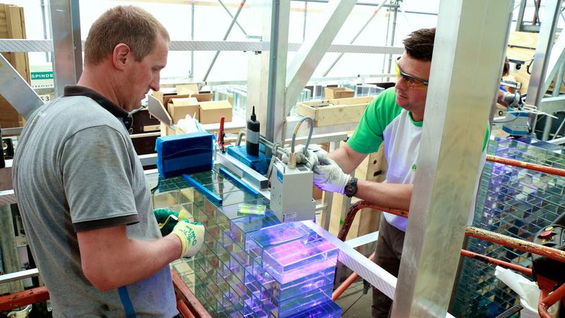 Delo steuerte auch die adäquaten Aushärtungssysteme für den vergilbungsfreien Glasklebstoff bei: UV-LED-Lampen des Typs Delolux 20 – hier in Aktion. (Mvrdv)