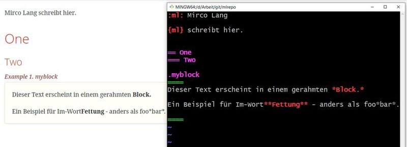 AsciiDoc in Vim mit Vorschau im Asciidoctor-Theme.