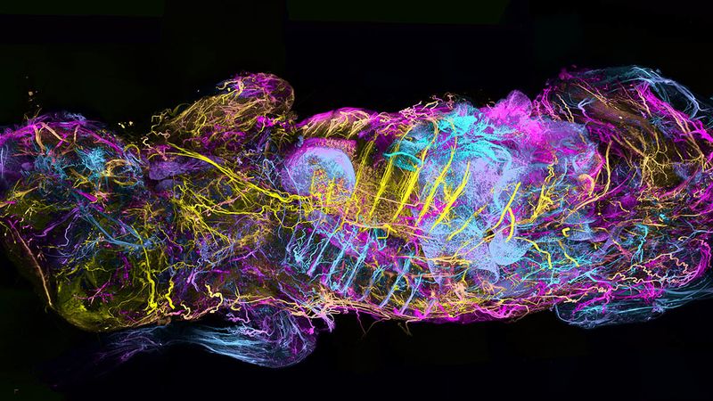 Bildgebung kompletter Körper  Ein Forscherteam hat eine neue Methode namens Wild Disco entwickelt, die herkömmliche Antikörper und fluoreszierende Marker verwendet, um den gesamten Körper eines Tieres bildlich dazustellen. Diese neue Technik liefert detaillierte 3D-Karten für ein besseres Verständnis von biologischen Systemen und Krankheiten. So können komplexe Prozesse in gesunden und kranken Körpern leichter aufgefasst und verstanden werden, wodurch die Technik eine Möglichkeit für bedeutsame Fortschritte in der medizinischen Forschung bietet. Beteiligt waren Forscher des Helmholtz Munich, dem LMU-Klinikum und der Ludwig-Maximilians-Universität München (LMU). Die Ganzkörperaufnahme oben stellt das Nervensystem einer Maus dar.   Hier gehts zur Originalmeldung Wissenschaftsbild des Tages vom 18.7.2023 (Helmholtz Munich | ©Ertürk Lab)