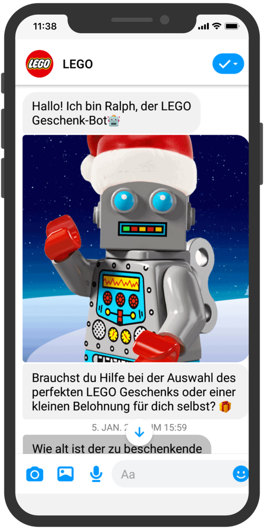 (Für die Weihnachtskampagne 2017 setzte Lego den Geschenke-Bot Ralph ein. (Bild: MessengerPeople))