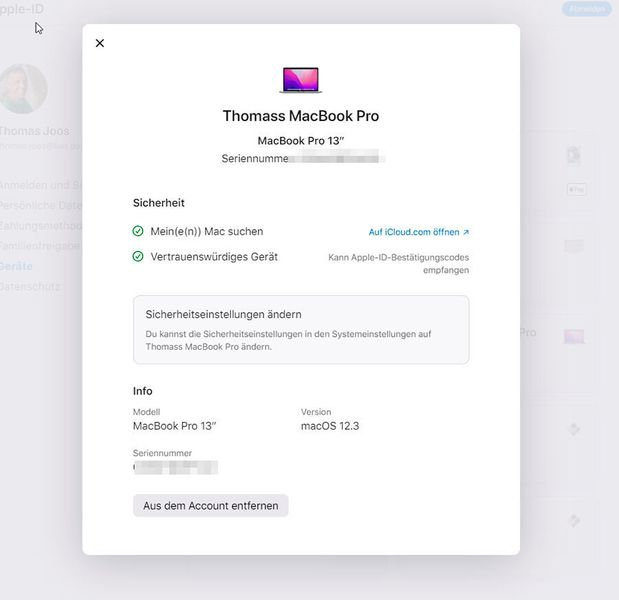 Anzeigen der Informationen eines Gerätes, das sich mit Ihrer Apple-ID verbindet im Webbrowser. (Joos)