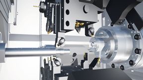 Maximum productivity with the "NT-Flex+": The extended kinematics allow superimposed machining with three tools simultaneously, thus significantly reducing cycle times. (Image:Walter Meier (manufacturing solutions) AG)