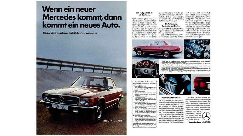 Der Mercedes-Benz 350 SL in einer Werbung aus dem Jahr 1971 – überzeugtes Understatement. (Bild: Daimler AG)