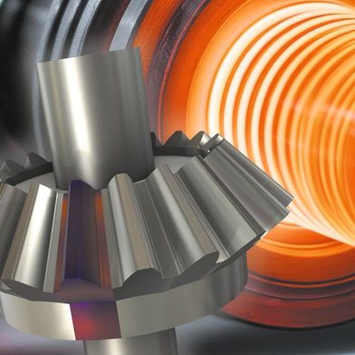Abkühlung aus dem austenitischen Zustand in einem 3D-Modell eines Kegelrads: Es werden die endgültige Phasenzusammensetzung sowie der Eigenspannungszustand des Martensits berechnet. (Bild: © DigitalSpace – stock.adobe.com_KI-generiert; Comsol)