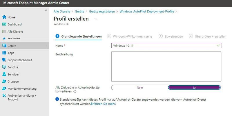 Erstellen eines neuen Bereitstellungsprofils für Autopilot. (Microsoft / Joos)