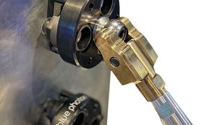 The Blue Photon Workholding Stabilizer System being used with third-party stabiliser equipment for adding extra rigidity to tall components while they are being machined. (Source: NCMT)