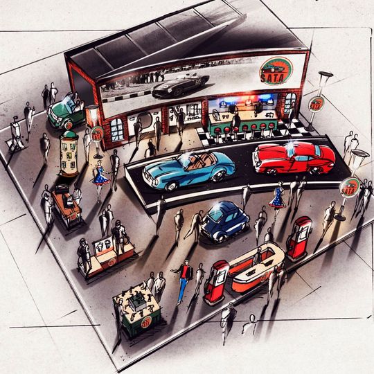 Messestand im Retrolook: Sata präsentiert sich auf der IAA unter dem Motto „Sweet Sixties“.(Bild:  Sata)