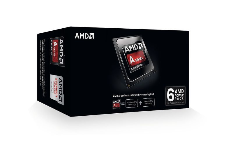 Das erste Power Pack besteht aus sechs A8-6600K-Prozessoren mit passenden CPU-Kühlern. Der A8-6600K mit vier Kernen und integrierter Radeon-Grafikeinheit gehört noch zur  Richland-Generation. Er kann daher auf Mainboards mit Sockel FM2 und FM2+ eingesetzt werden. (Bild: AMD)