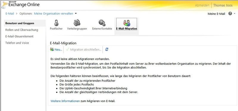 Abbildung 6: Im Bereich Optionen der Office 365-Verwaltung ist die Option Meine Organisation\E-Mail-Migration zu finden. Mit Neu erstellen Administratoren einen neuen Migrationsauftrag und verbinden Office 365 mit den lokalen Exchange-Servern. Dazu muss der AutoDiscovery-Eintrag in den öffentlichen DNS-Servern vorhanden sein und die Exchange-Server-Struktur muss im Internet veröffentlicht sein. (Bild: Joos)