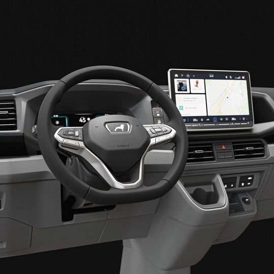 Vieles neu am MAN TGE: komplett neue E/E-Architektur, neue Sensoren und Kameras, neues Multifunktions-Lenkrad und neues Armaturenbrett.(Bild:  MAN)